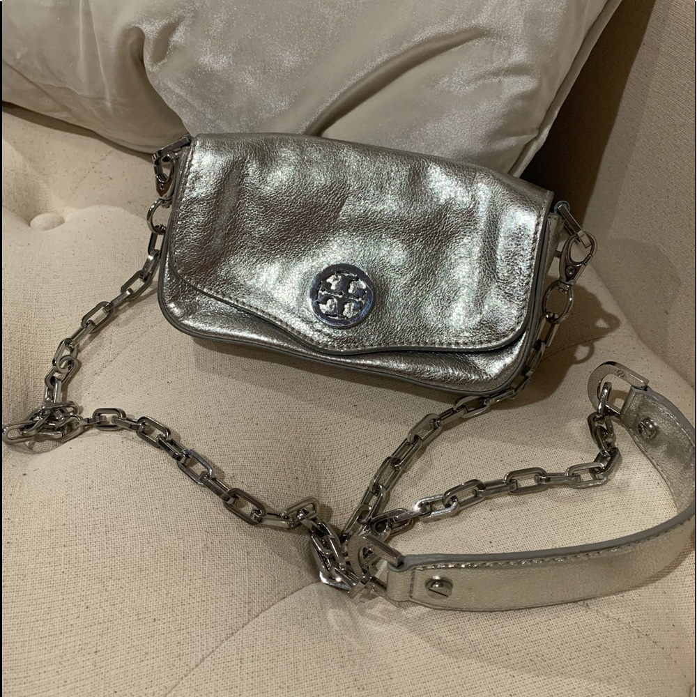 Tory Burch Silver Metallic Leather Crossbody Bag